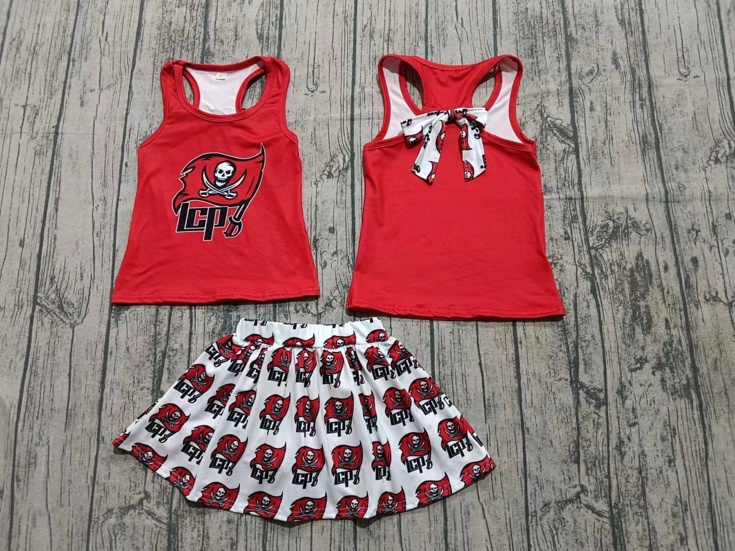 (Moq 5 ) Girls Kids Sleeveless Red Shirt Shorts Skirt Skort Team Set