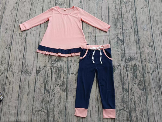 (Moq 5 ) Girls Kids Pink Long Sleeves Ruffle Shirt Pockets Pants Cotton Set