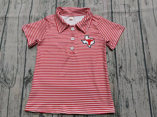 (Moq 5 ) Boys Kids Short Sleeves Red Stripes Cow Team Buttons Shirt