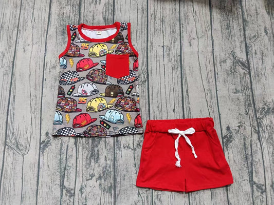 ( Moq 5 ) Boys Kids Sleeveless Hats Shirt Red Pockets Shorts Set