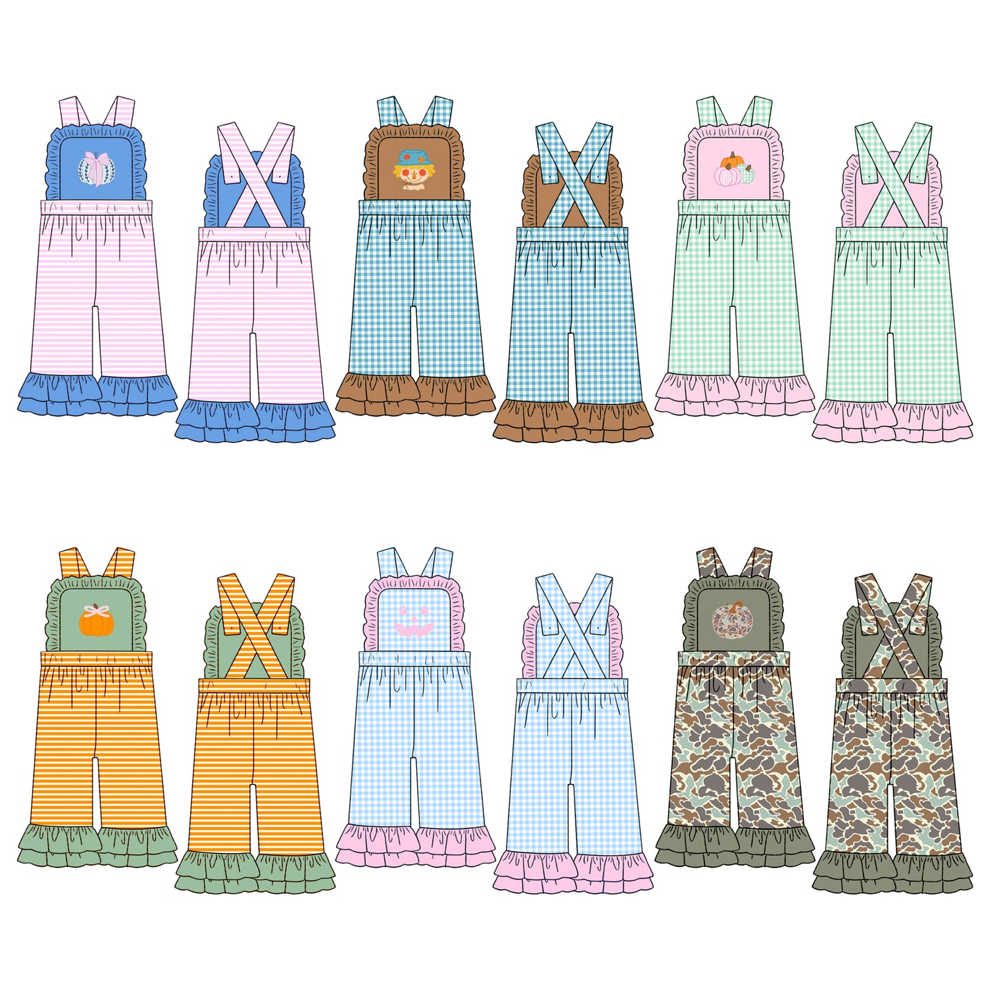 ( Moq 5 Each Style ) Sibling Girls Kids Sleeveless Pumpkins Plaid Ruffle Pants Jumpsuits Fall Clothes