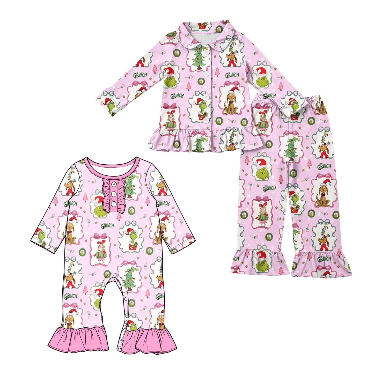 ( Moq 5 Each Style ) Sibling Baby Girls Kids Long Sleeves Face Christmas Pajamas Set Romper Pink Clothes