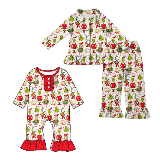 ( Moq 5 Each Style ) Sibling Baby Girls Kids Long Sleeves Face Christmas Pajamas Set Romper Red Ruffle Clothes