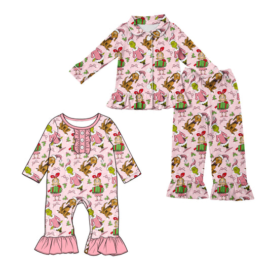 ( Moq 5 Each Style ) Sibling Baby Girls Kids Pink Long Sleeves Face Christmas Pajamas Set Romper Clothes