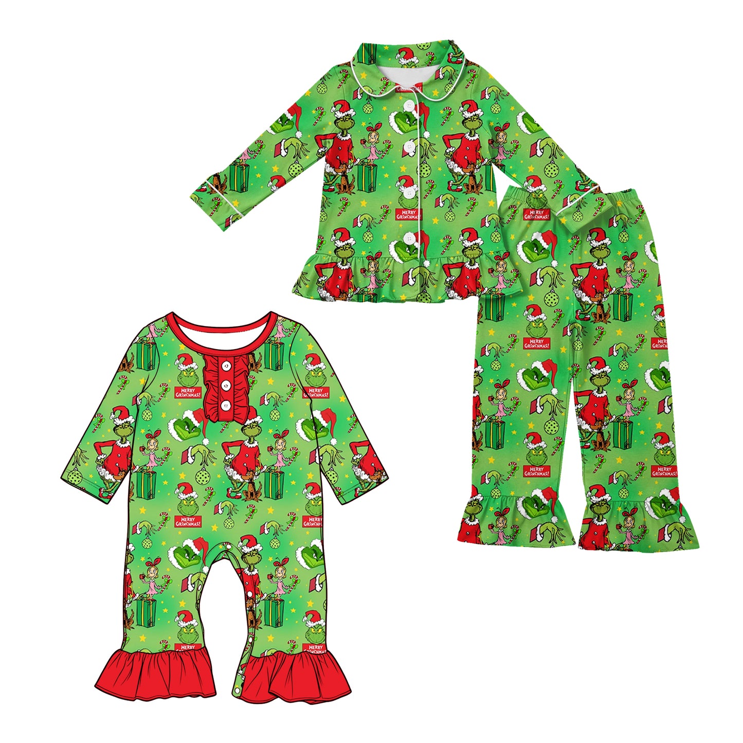 ( Moq 5 Each Style ) Sibling Baby Girls Kids Green Long Sleeves Face Christmas Pajamas Set Romper Clothes