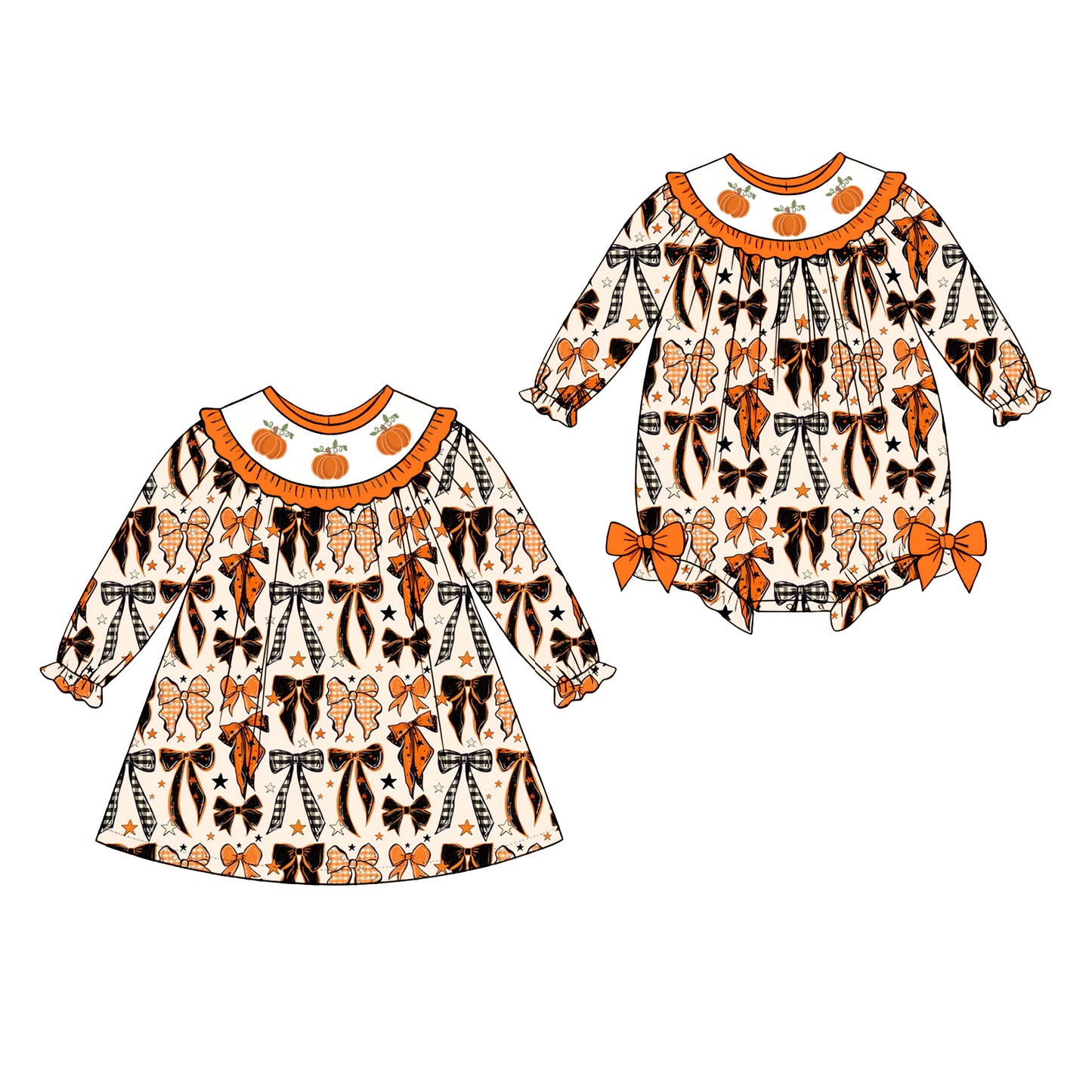 ( Moq 5 Each Style ) Sibling Baby Girls Kids Long Sleeves Pumpkins Bows Romper Dress Set Fall Clothes