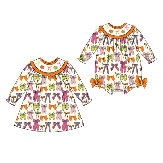 ( Moq 5 Each Style ) Sibling Baby Girls Kids Long Sleeves Pumpkins Bows Romper Dress Set Halloween Clothes
