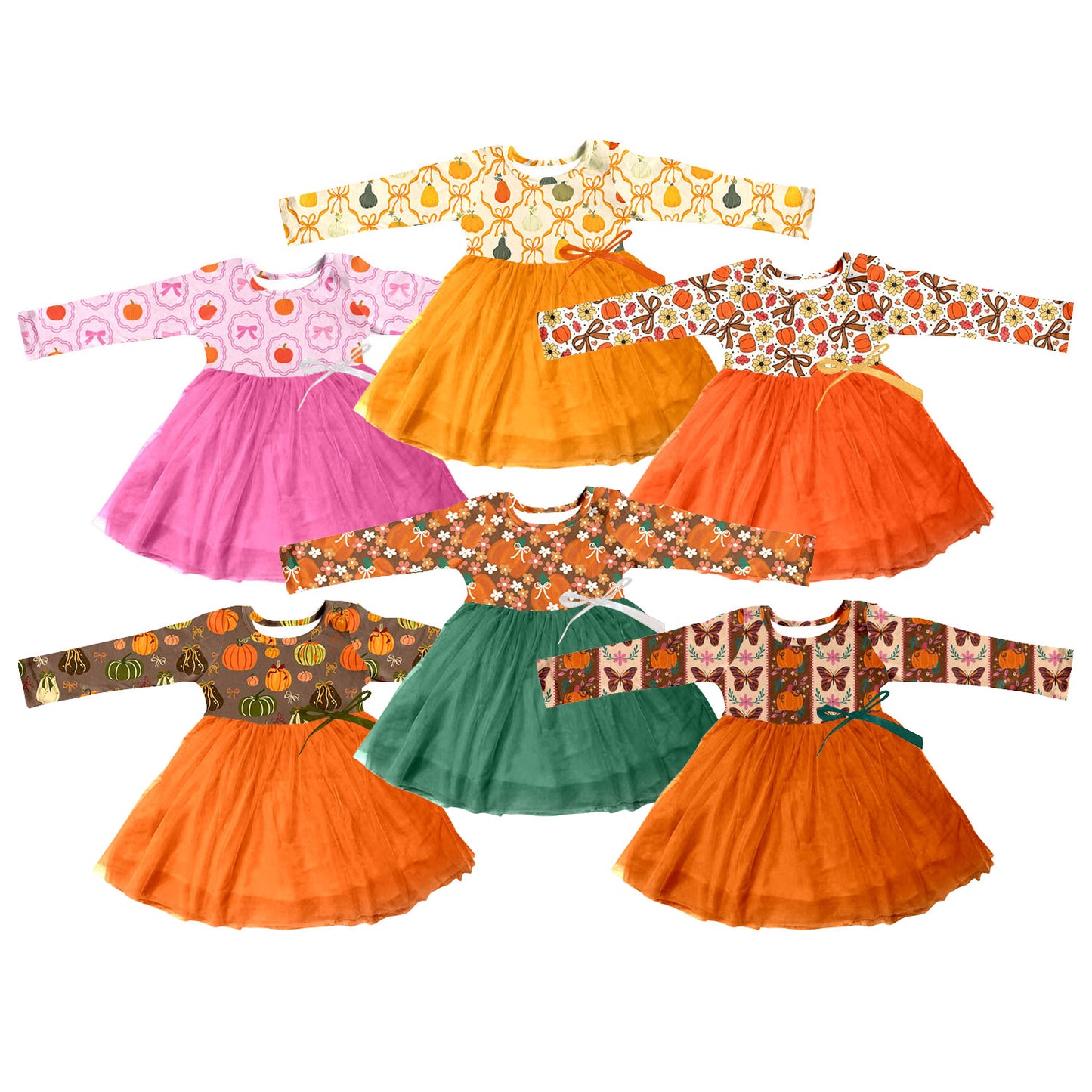 ( Moq 5 Each Style ) Sibling Baby Girls Kids Long Sleeves Pumpkins Bows Tulle Dresses Fall Clothes