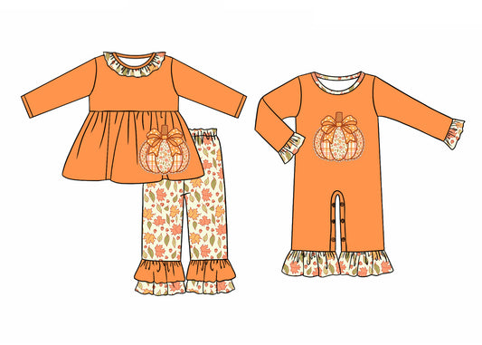 ( Moq 5 Each Style ) Sibling Baby Girls Kids Long Sleeves Pumpkins Bows Leaves Romper Set Fall Clothes