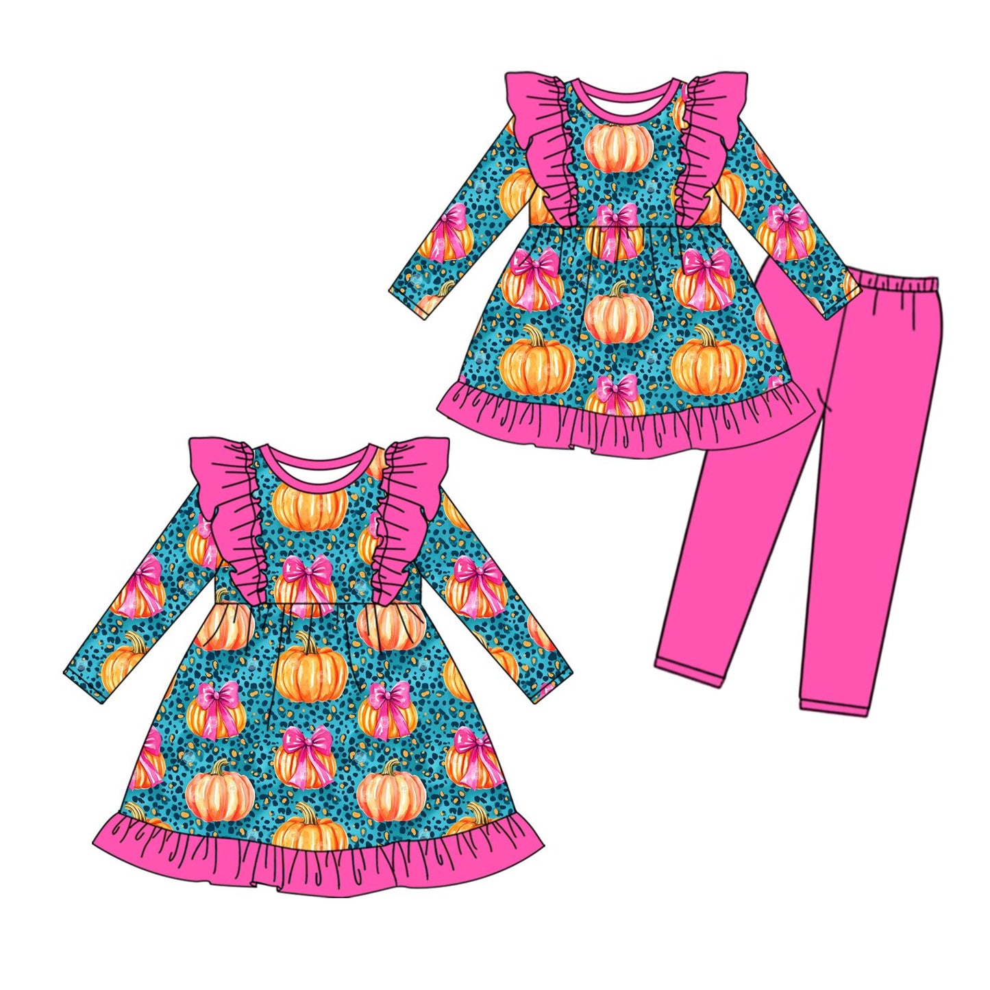 ( Moq 5 Each Style ) Sibling Baby Girls Kids Pumpkins Bows Pink Ruffle Dress Set Fall Clothes