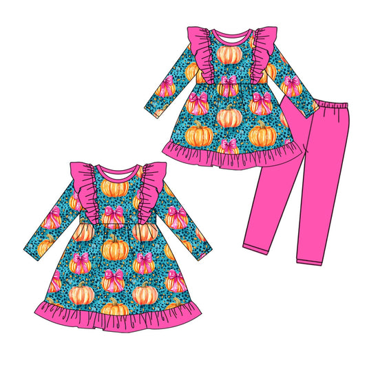 ( Moq 5 Each Style ) Sibling Baby Girls Kids Pumpkins Bows Pink Ruffle Dress Set Fall Clothes