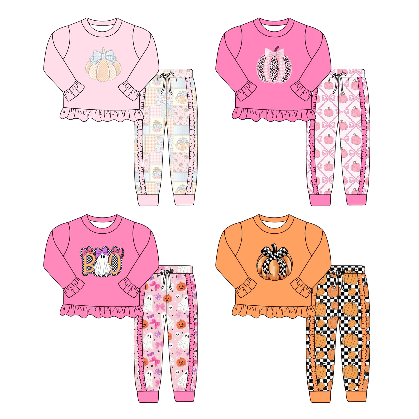 ( Moq 5 Each Style ) Sibling Baby Girls Kids Long Sleeves Pumpkins Bows Shirts Ruffle Pants Sets Fall Clothes