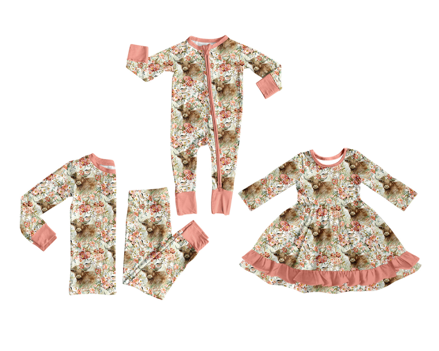( Moq 5 Each Style ) Sibling Baby Girls Kids Western Cow Flower Romper Dress Set Clothes