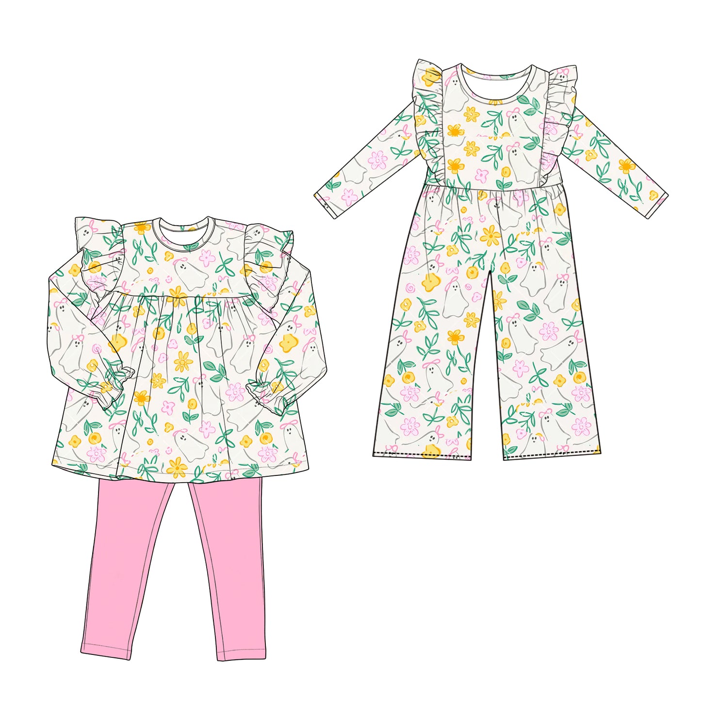 ( Moq 5 Each Style ) Sibling Baby Girls Kids Ghosts Bows Flower Halloween Jumpsuit Set Clothes