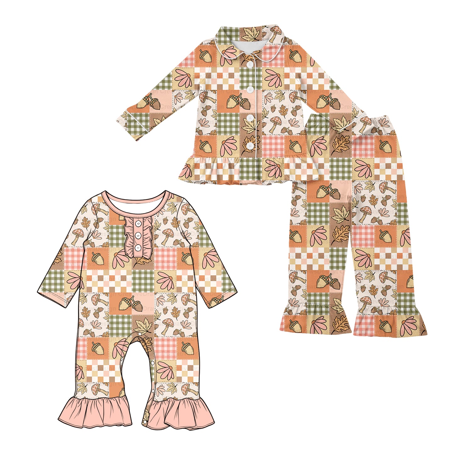 ( Moq 5 Each Style ) Sibling Baby Girls Kids Long Sleeves Flower Plaid Pajamas Set Romper Fall Clothes