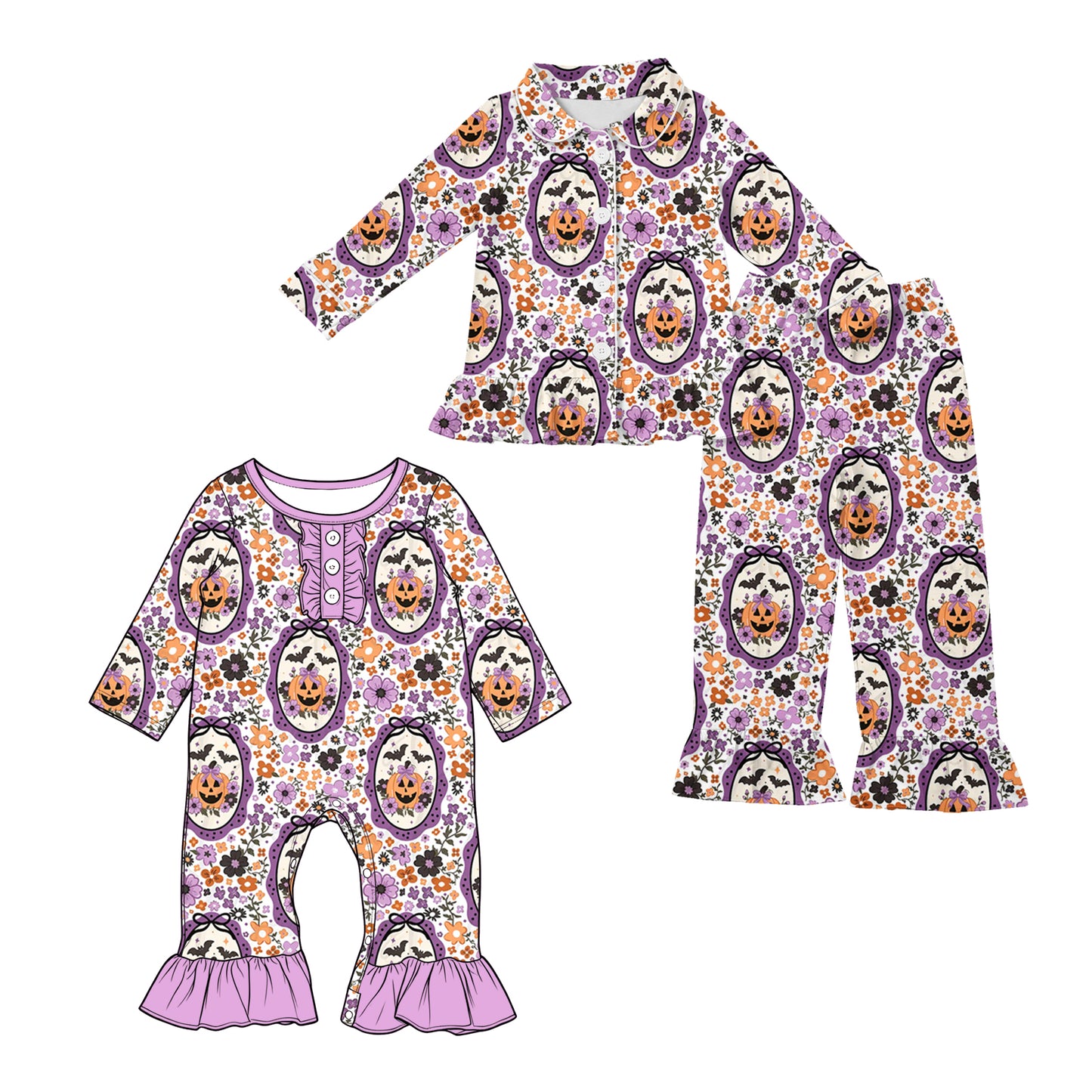 ( Moq 5 Each Style ) Sibling Baby Girls Kids Flower Pumpkins Pajamas Set Romper Halloween Clothes