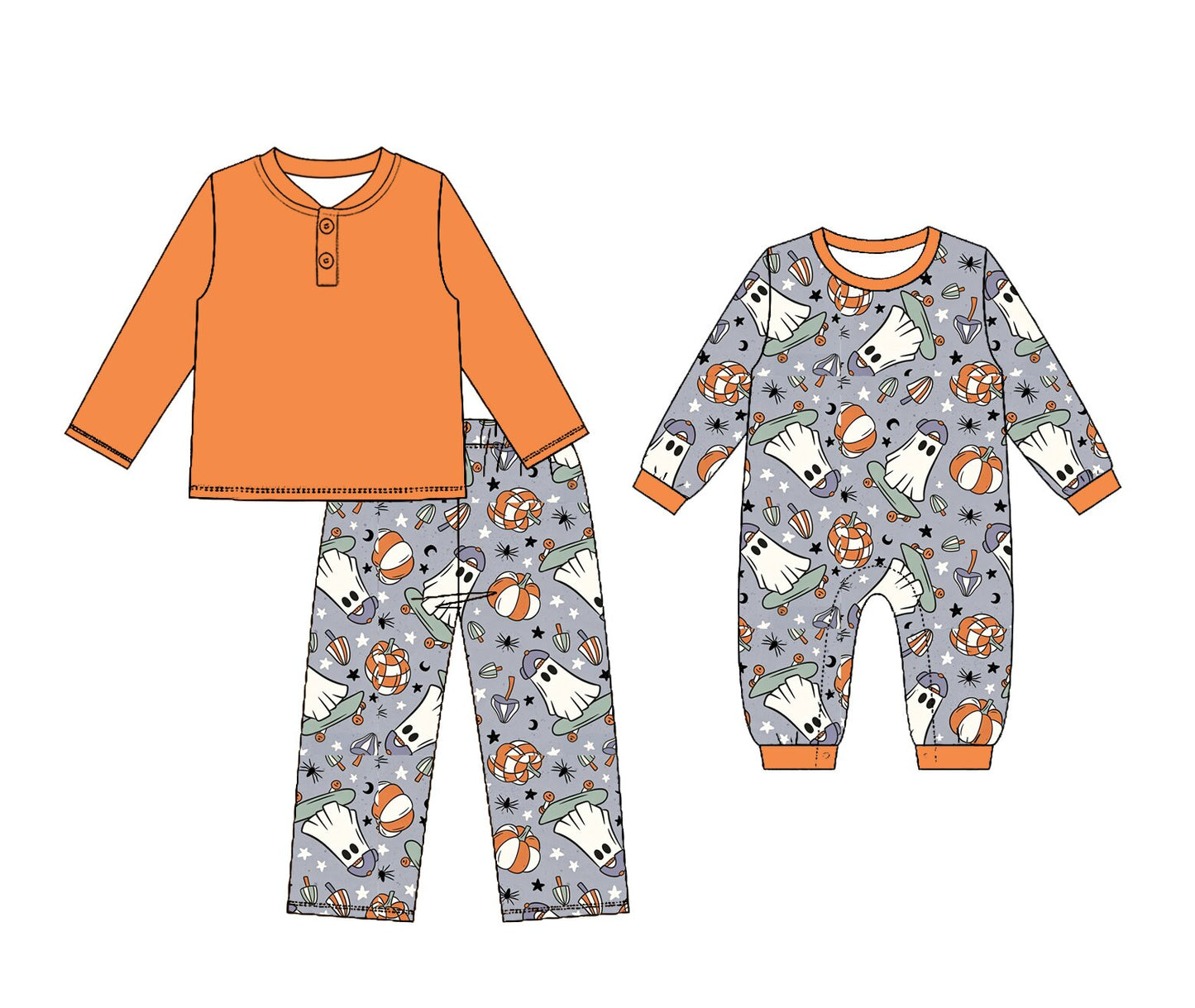 ( Moq 5 Each Style ) Sibling Baby Boys Kids Pumpkins Ghosts Set Romper Halloween Clothes