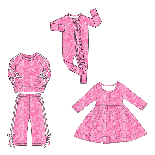( Moq 5 Each Style ) Sibling Baby Girls Kids Long Sleeves Leaves Romper Dress Set Pink Clothes