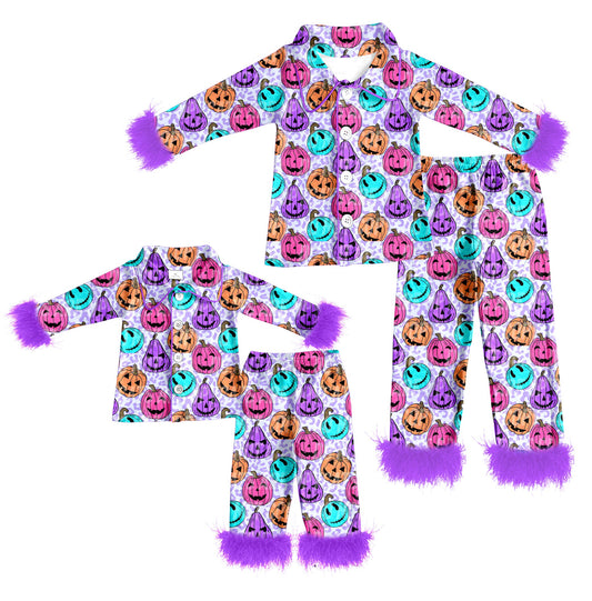 ( Moq 5 Each Style ) Baby Girl Adult Women Pumpkins Buttons Shirt Purple Fur Pants Sibling Mommy And Me Family Pajamas Halloween Sets
