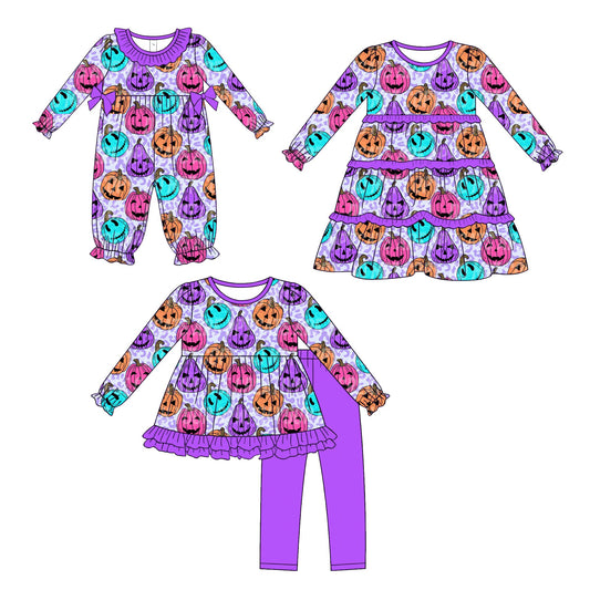 ( Moq 5 Each Style ) Sibling Baby Girls Kids Long Sleeves Pumpkins Romper Dress Set Purple Clothes