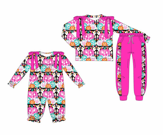 ( Moq 5 Each Style ) Sibling Baby Girls Kids Long Sleeves Halloween Pumpkins Bows Romper Dress Set Clothes