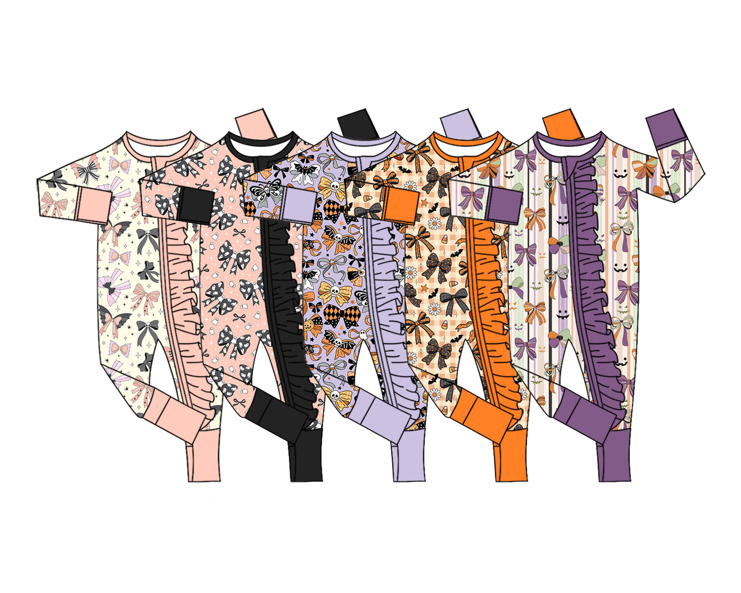 ( Moq 5 Each Style ) Sibling Baby Girls Infant Halloween Bows Ruffle Zipper Footie Sleeper Rompers Clothes