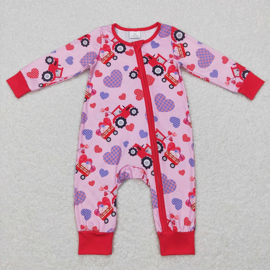 LR0774 Baby Girl Long Sleeves Valentines Hearts Tractors One Piece Zipper Romper