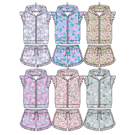 ( Moq 5 Each Style ) Sibling Baby Girls Kids Short Sleeves Flower Zipper Hoodie Tops Shorts Sets Clothes