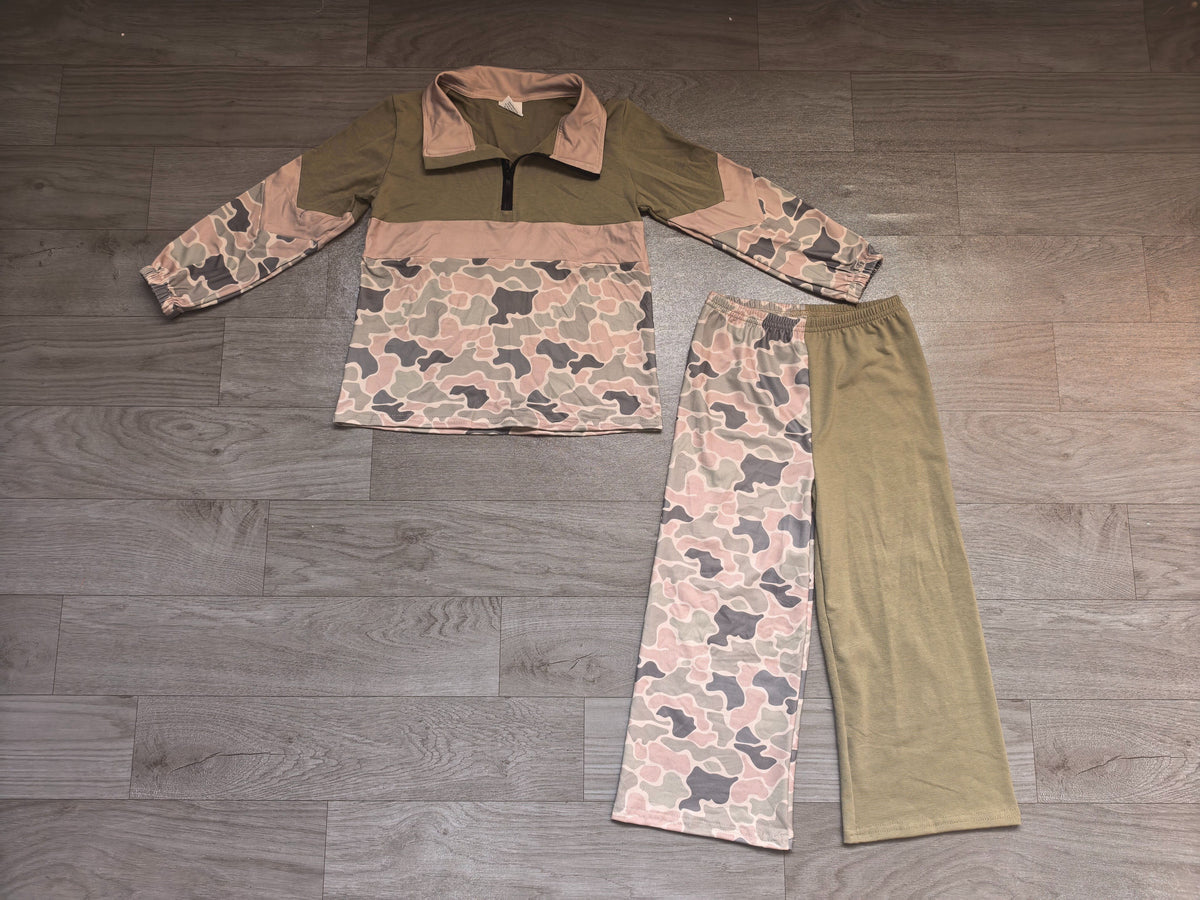 ( No moq ) Preorder Baby Girls Kids Long Sleeves Zipper Camo Pullover Pockets Pants Set Clothes