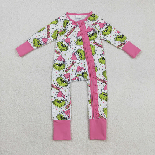 Baby Girl Long Sleeves Green Face Christmas Pink Ruffle Zipper Romper RTS