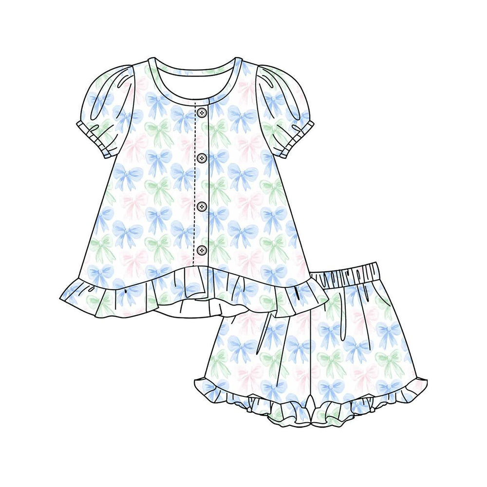 ( Moq 5 ) Preorder Baby Girls Kids Short Sleeves Bows Buttons Tops Ruffle Shorts Set Clothes