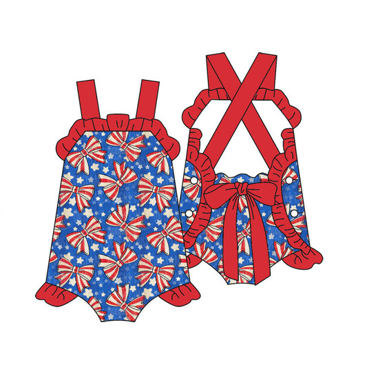 ( Moq 5 ) Preorder Baby Girls Infant Bows Stars 4th of July Ruffle Bubble Romper