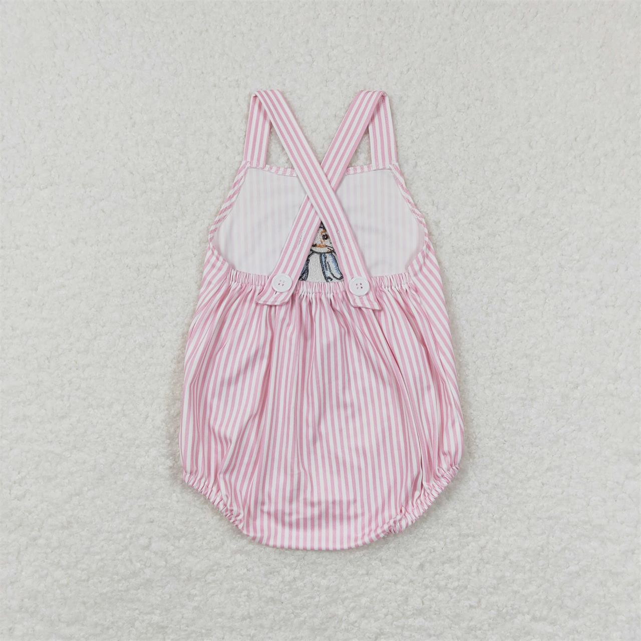 SR0462 Baby Boy Easter Embroidery Rabbit Stripes Pink One Piece Romper