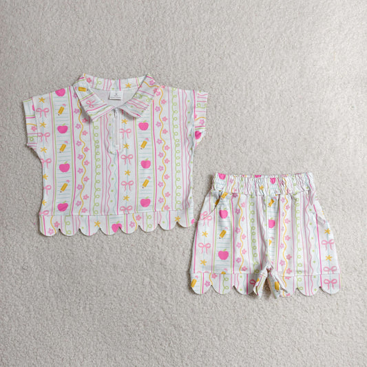Baby Girls Pencil Flower Bows Zipper Shirt Scallop Shorts Set Back to School Clothes RTS