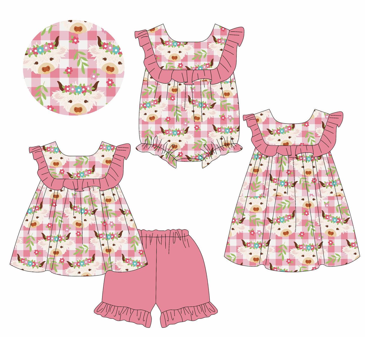 Baby Girl Flower Cow Checked Sibling Romper Dress Set ( Moq 5 Each Style ) 1.16