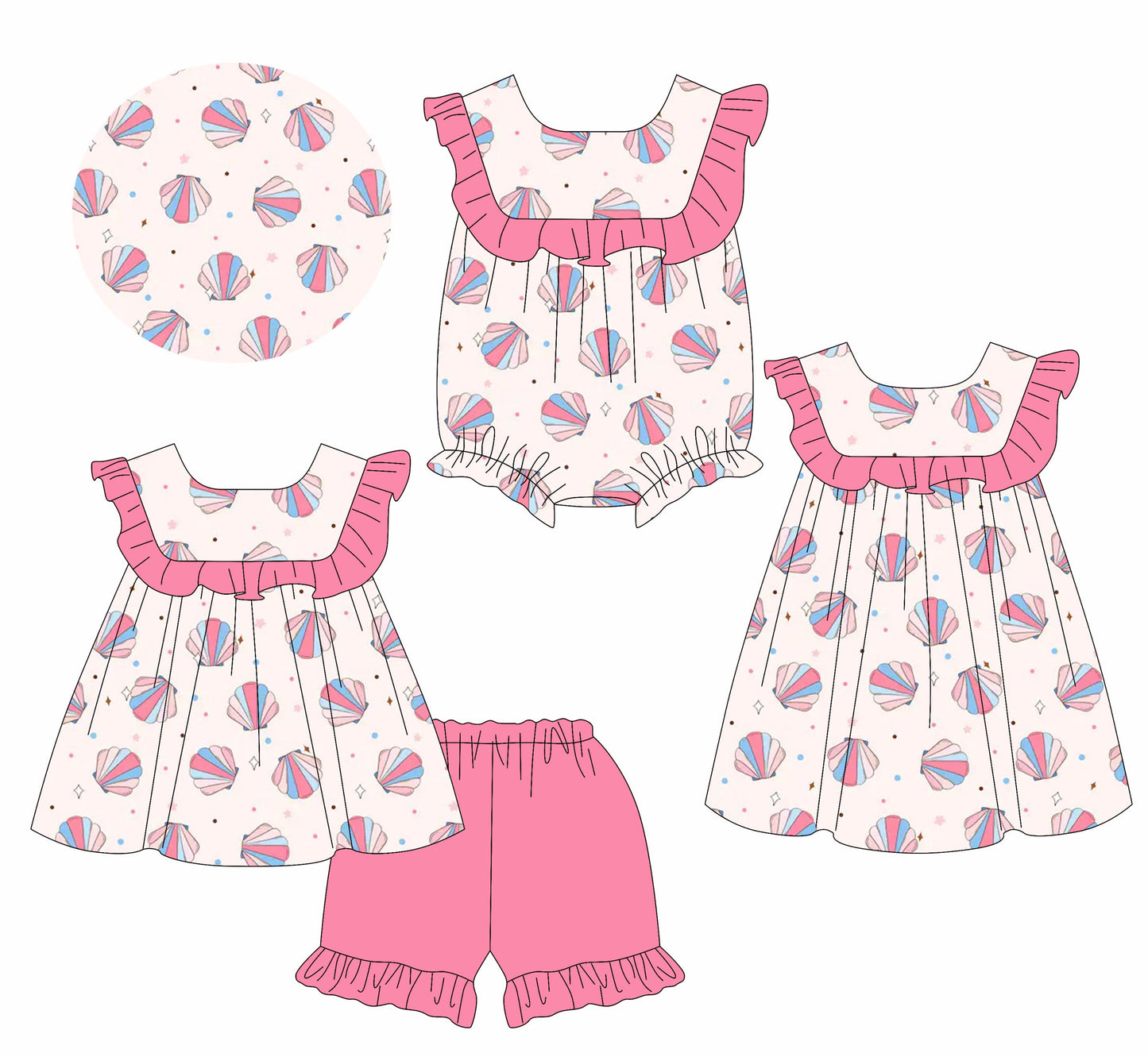 Baby Girl Kids Shells Ruffle Sibling Romper Dress Set ( Moq 5 Each Style ) 1.11