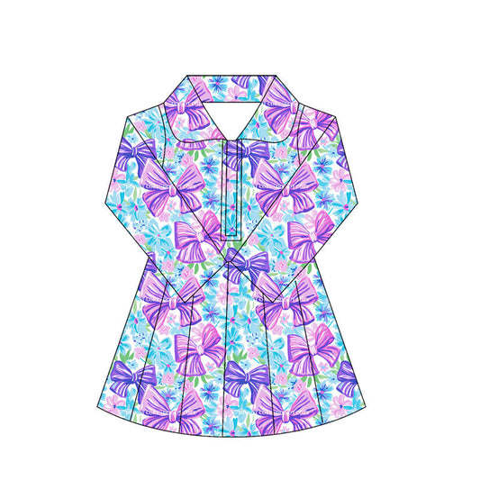 ( Moq 10 )Baby Girl Purple Bows Floral Long Sleeves Zipper Activity Wear Yoga Knee Length Dress
