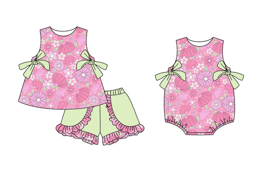 Baby Girl Flower Green Bows Sibling Romper Set ( Moq 5 Each Style ) 3.3