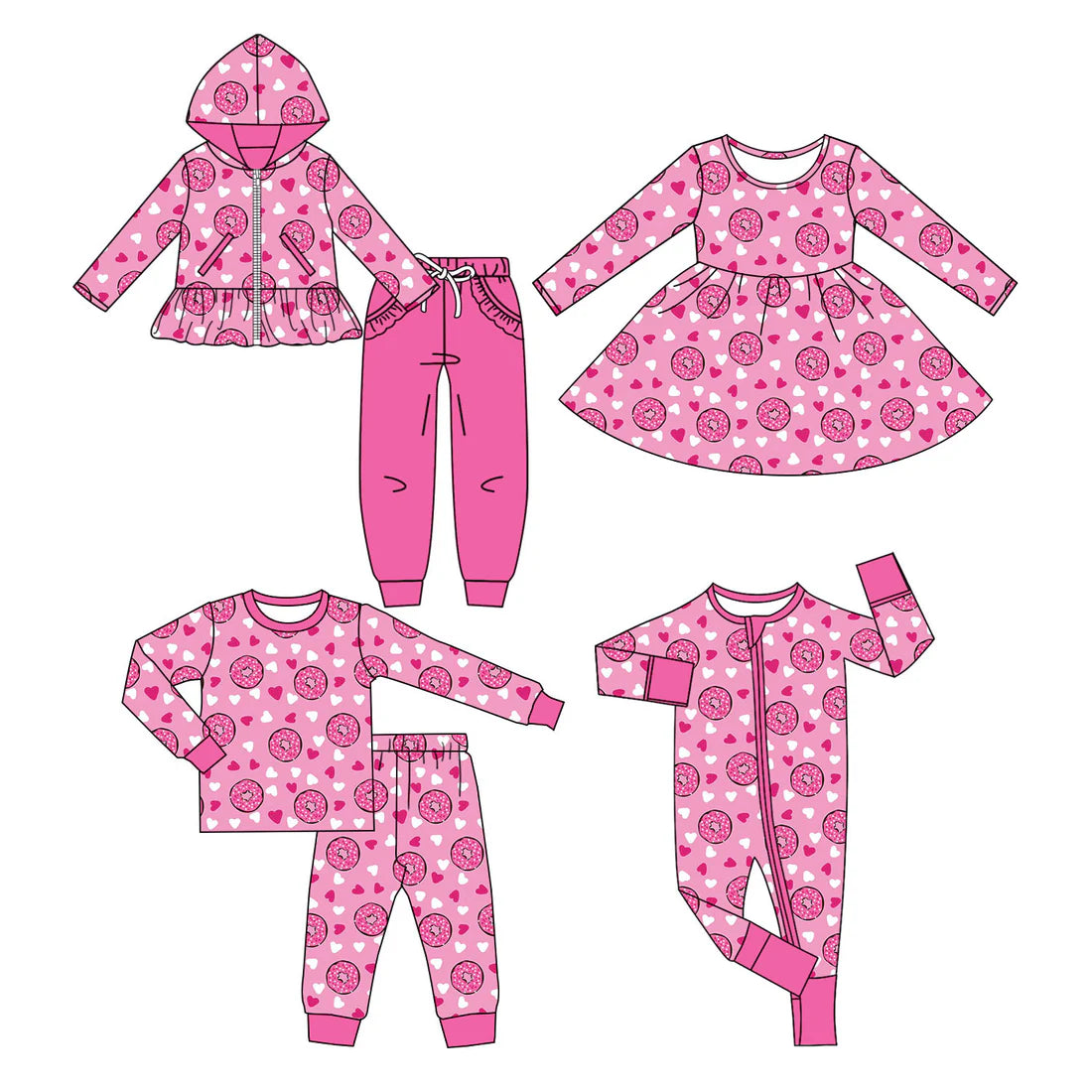 ( Moq 5 Each Style ) Baby Girls Kids Long Sleeves Donuts Hearts Sibling Valentine's Romper Dress Sets