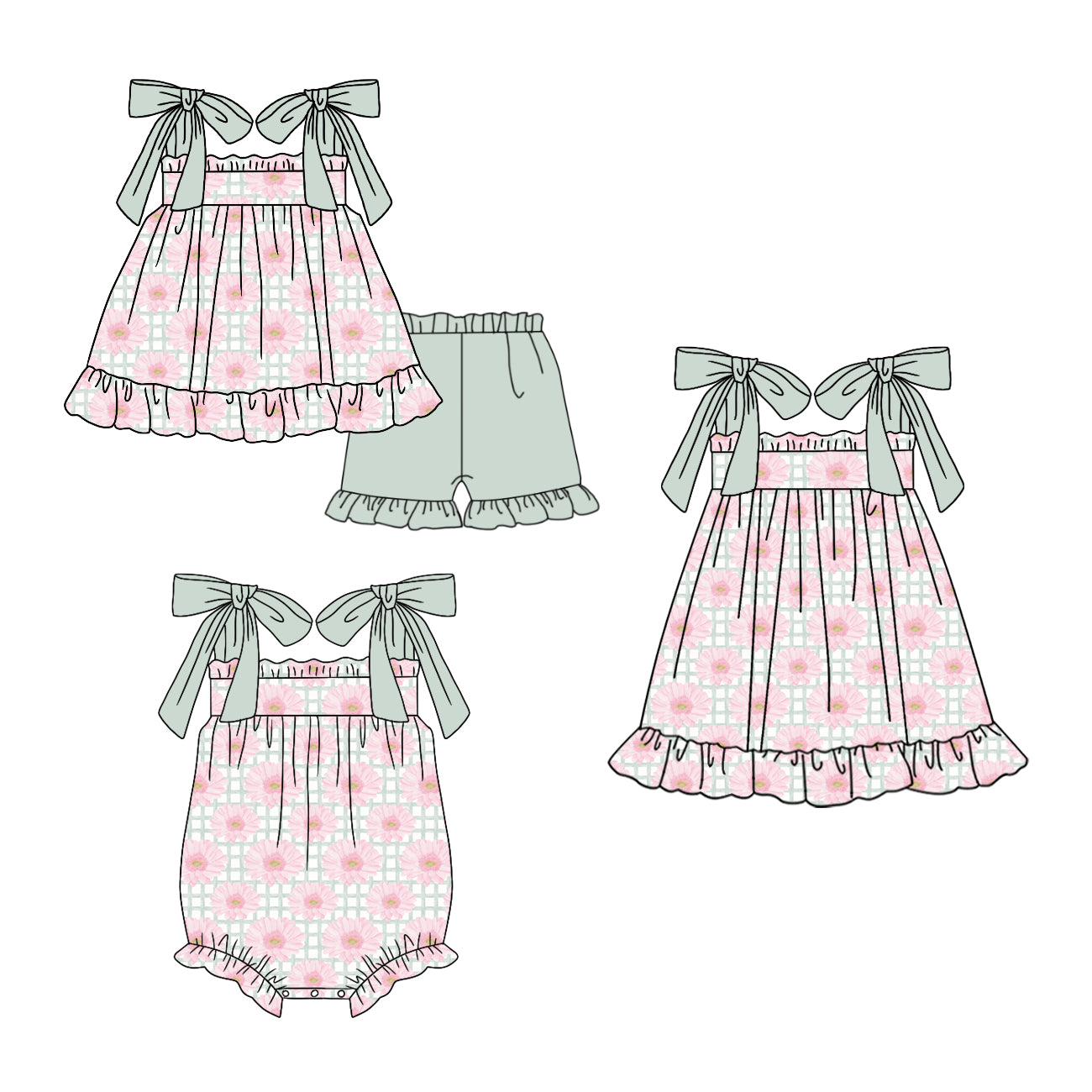 ( Moq 5 Each Style ) Sibling Baby Girls Kids Flower Plaid Bows Romper Dress Set Summer Clothes