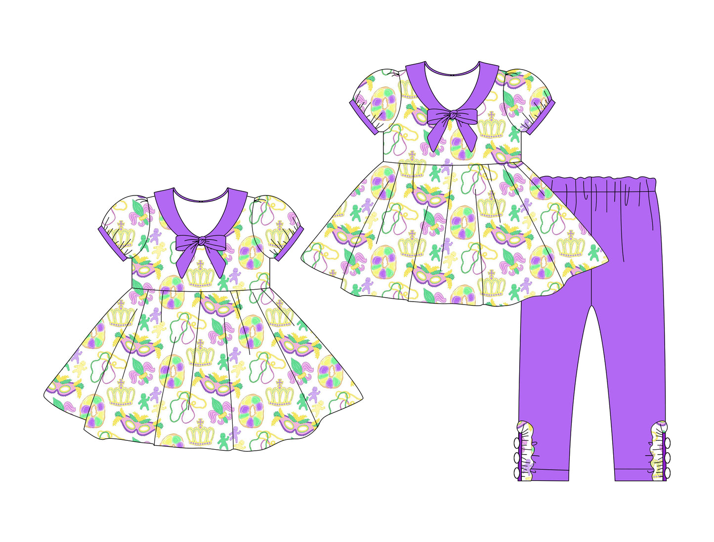 ( Moq 5 Each Style ) Girls Toddler Masks Anchors Bows Mardi Gras Sibling Dress Set