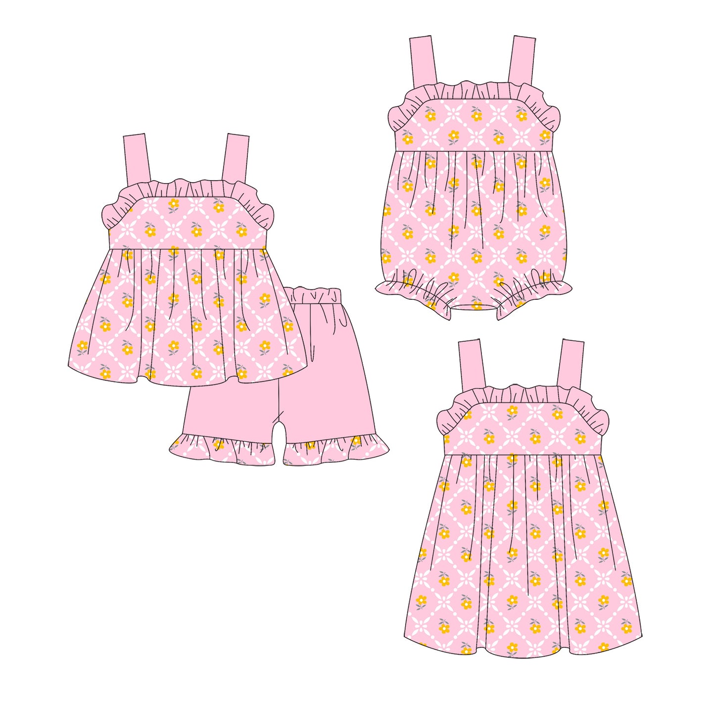 ( Moq 5 Each Style ) Sibling Baby Girls Kids Straps Flower Pink Romper Dress Set Clothes
