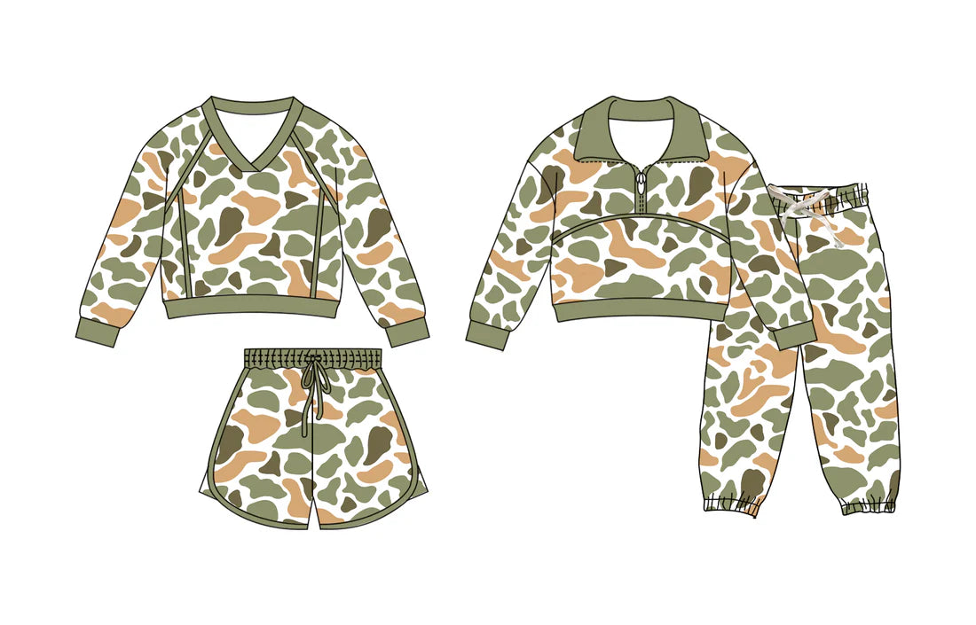 ( Moq 5 Each Style ) Sibling Baby Boys Girls Orange Green Camo Long Sleeves Zipper Shirt Shorts Pants Sets
