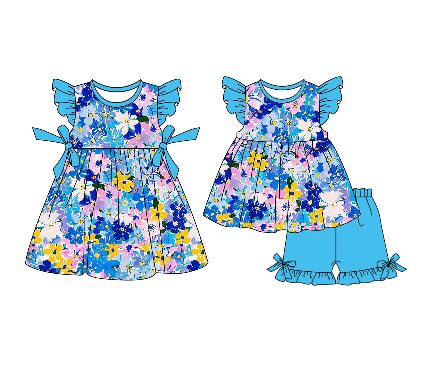 Baby Girl Short Sleeves Flower Blue Sibling Dress Set ( Moq 5 Each Style ) 1.4