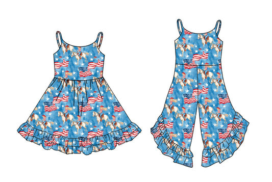 ( Moq 5 Each Style ) Baby Girl Sleeveless Flags 4th Of July Sibling Dress Jumpsuit 4.17