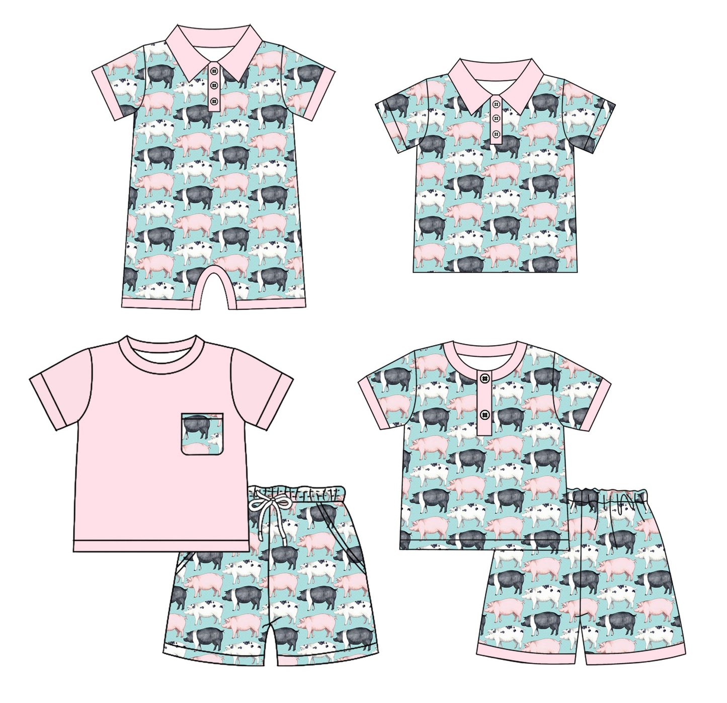 ( Moq 5 Each Style ) Baby Boy Short Sleeves Pigs Farm Sibling Summer Romper Shirt Set 4.22