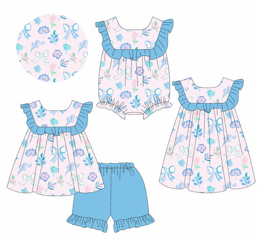 Baby Girl Flower Bows Blue Ruffle Sibling Romper Dress Set ( Moq 5 Each Style ) 1.14