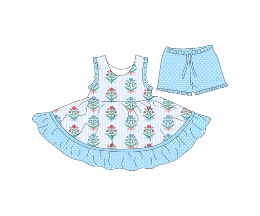 ( Moq 5 each style ) Baby Girl Blue Sleeveless Flower Sibling Knee Length Dress Shorts 4.15