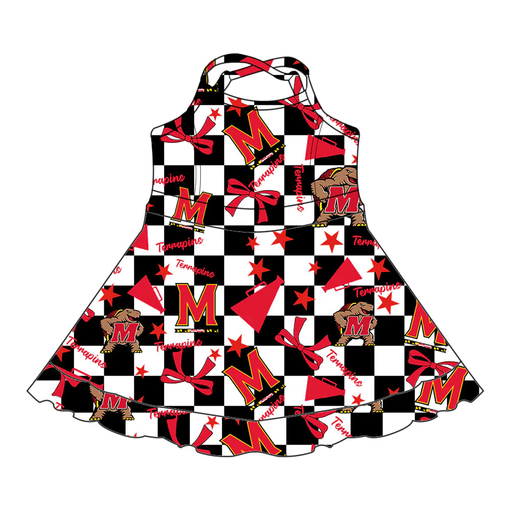 ( Moq 5 each style ) Baby Girl Toddler M Team Red Bows Cheer Sibling Checked Dress Set 6.30