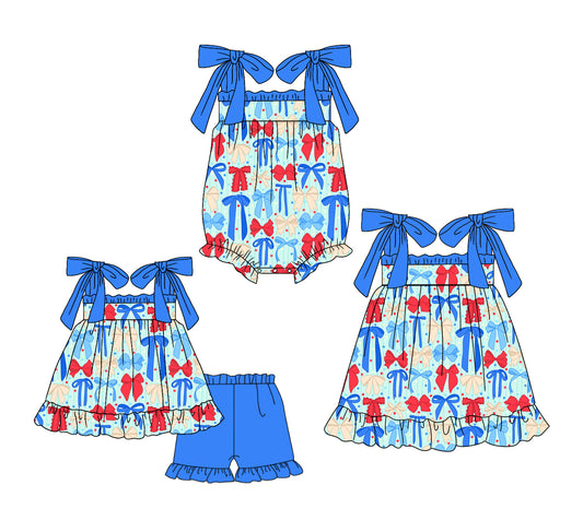 ( Moq 5 Each Style ) Baby Girls Kids Blue Straps Bows 4th of July Sibling Romper Dress Set Clothes